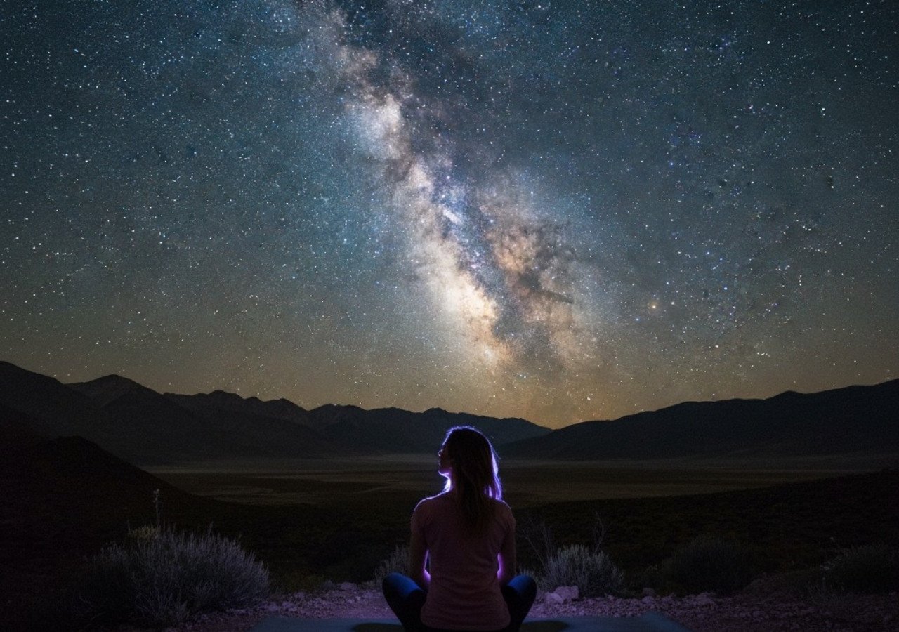 Woman sitting in meditation facing the Milky Way night sky
