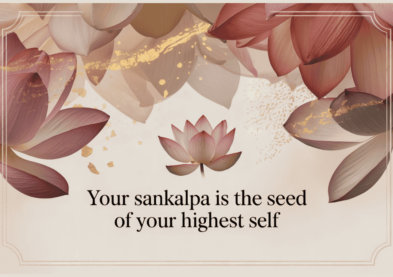 Inspirational sankalpa yoga quote with lotus flower design.