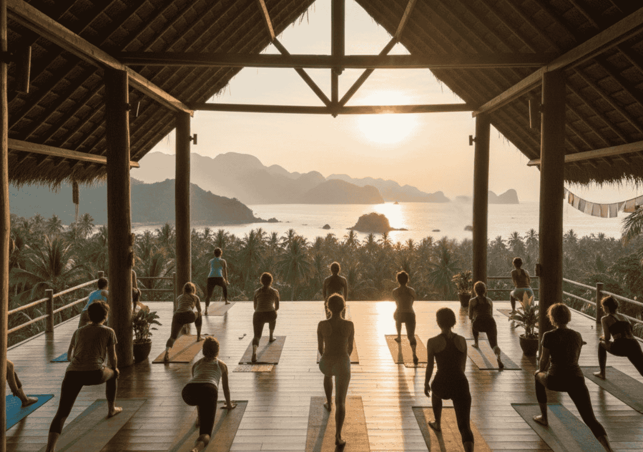 Group yoga class in open-air shala at sunrise overlooking the ocean in Thailand
