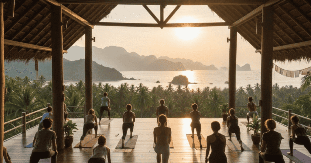 Group yoga class in open-air shala at sunrise overlooking the ocean in Thailand