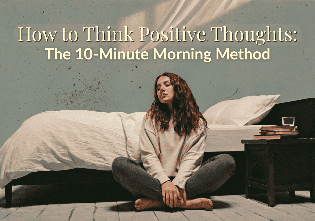 Woman sitting cross-legged on the floor by her bed with eyes closed in morning light