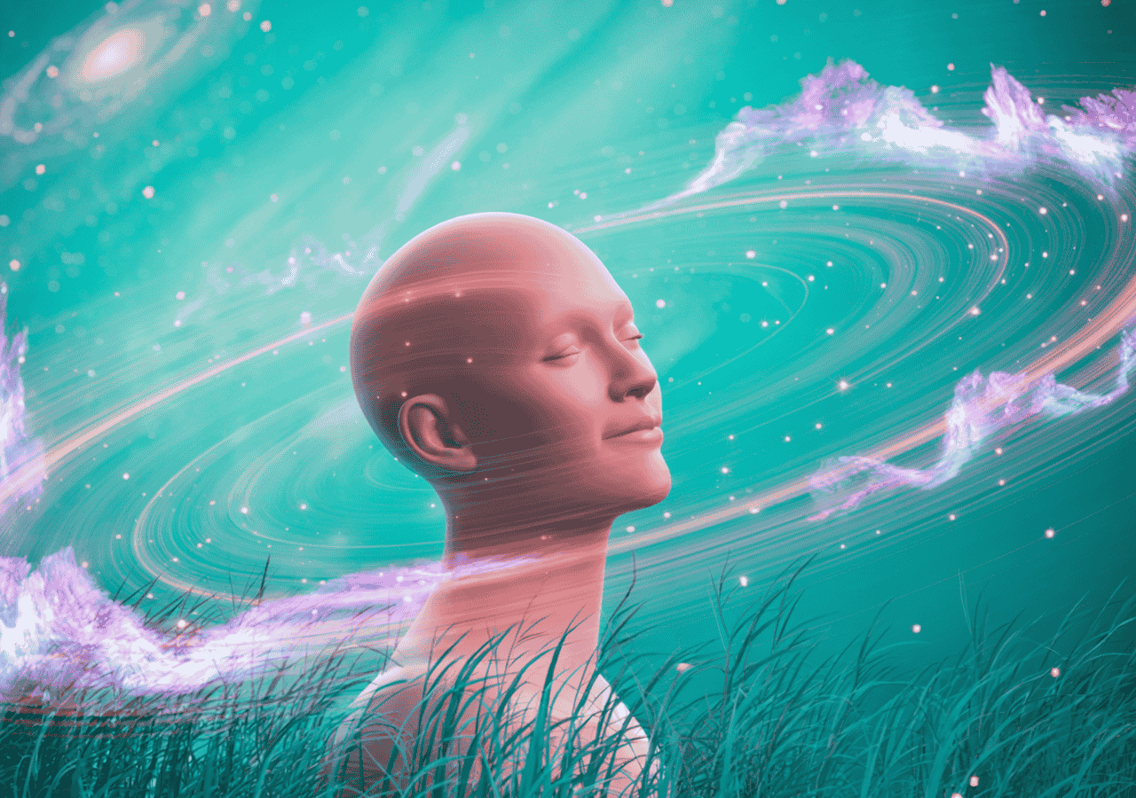 Futuristic cosmic illustration of a glowing, smiling human-like head with galaxies and radiant light patterns, positive thinking
