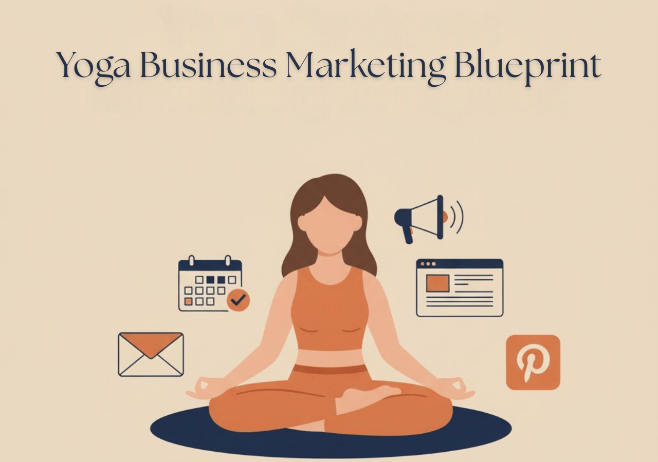 Flat-style illustration of yoga teacher with marketing icons for email, calendar, website, and Pinterest