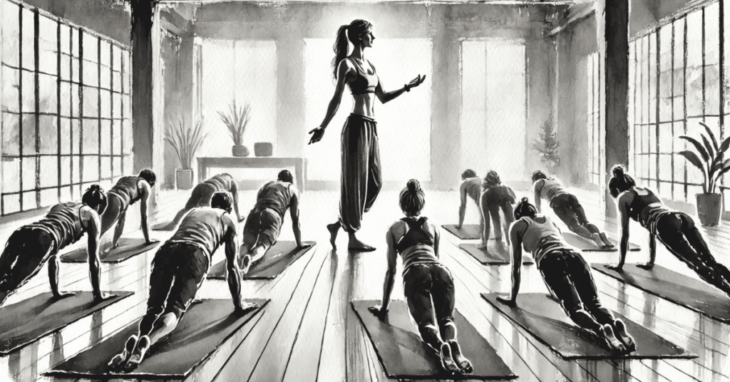 Yoga trainee cues a group of students holding plank pose in a bright studio