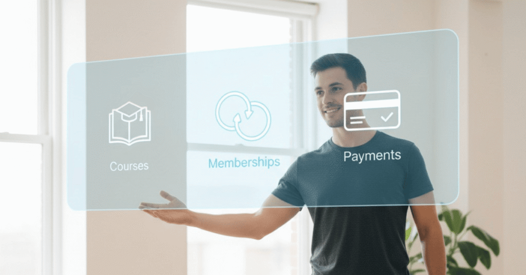 Yoga teacher presenting digital dashboard for courses, memberships, and payments