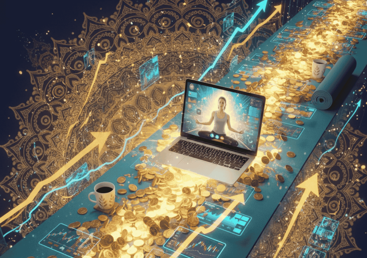 Conceptual illustration of yoga, money, and digital growth blended together
