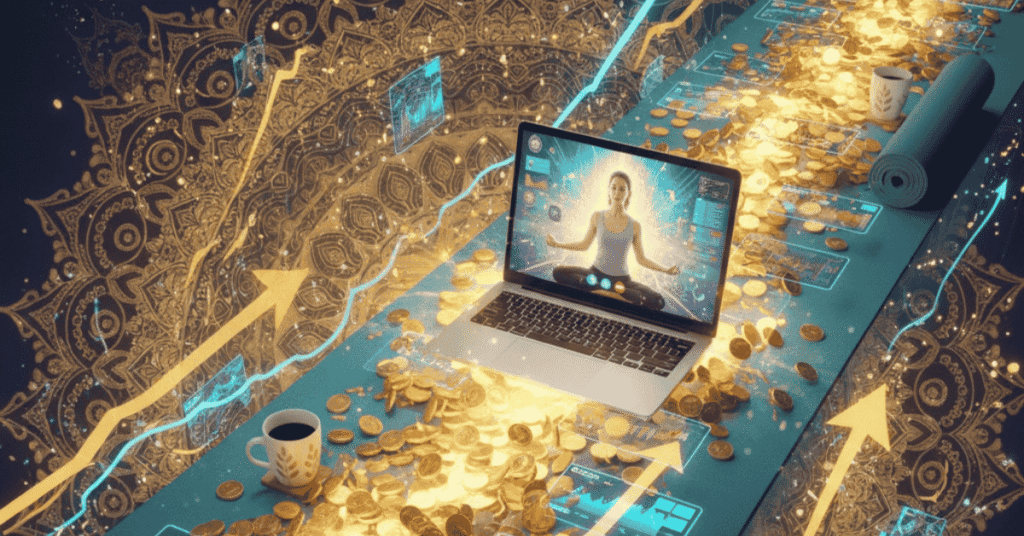 Conceptual illustration of yoga, money, and digital growth blended together
