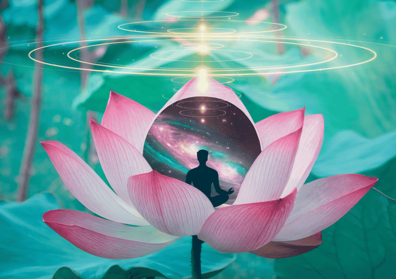 Cosmic illustration of a meditating figure inside a glowing lotus flower with galaxies and golden energy spirals above.