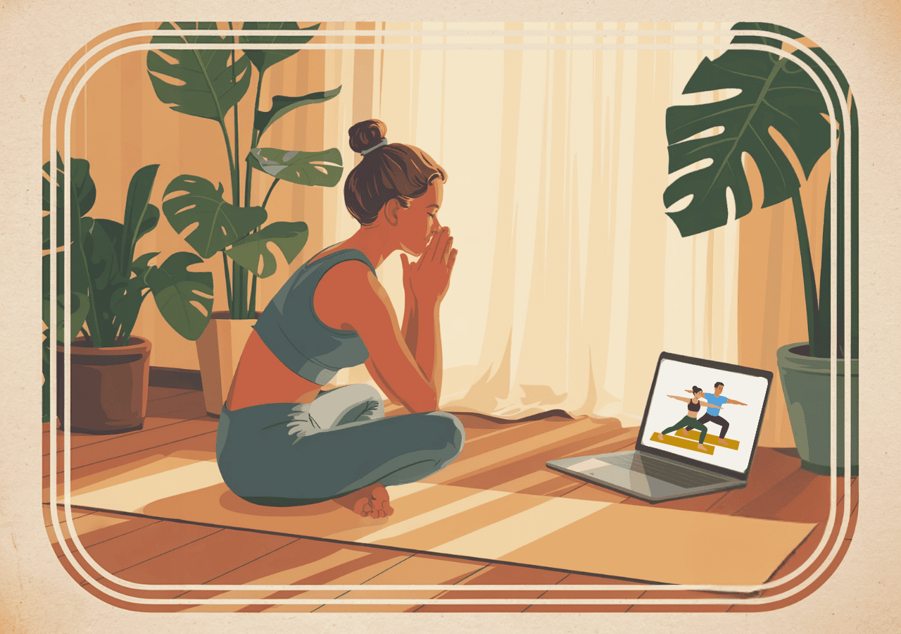Yoga student sitting on a mat at home, watching an online class on a laptop surrounded by plants.