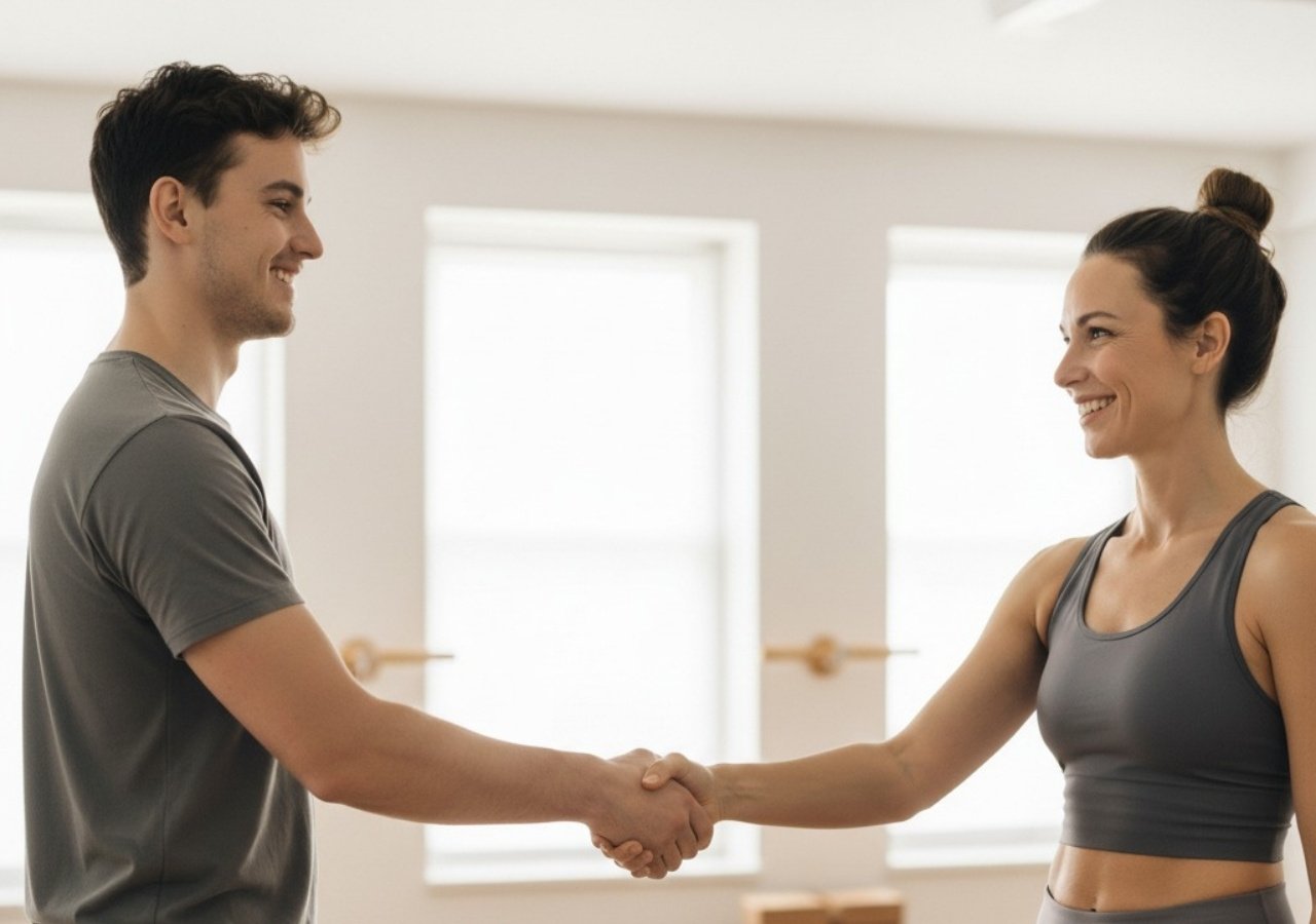Yoga teacher greeting a student with a handshake before a private session.