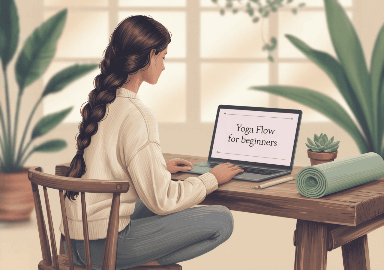 Woman at a wooden desk with a yoga mat and laptop screen reading “Yoga Flow for beginners.