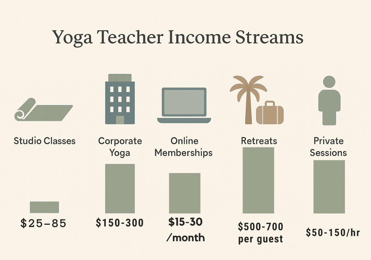 Infographic comparing yoga teacher income streams with icons for studio classes, corporate yoga, online memberships, retreats, and private sessions.
