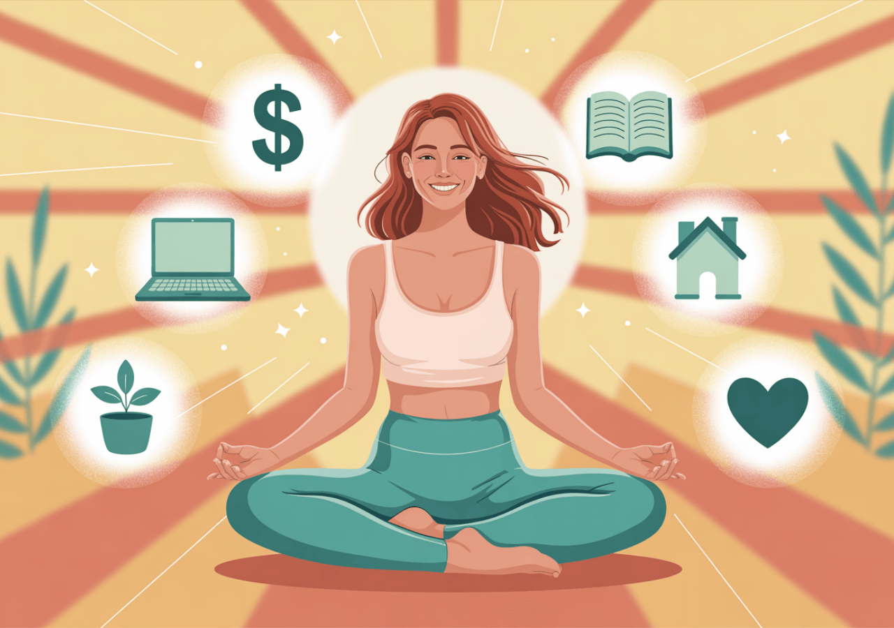 Illustration of a smiling yoga teacher surrounded by icons for money, laptop, book, home, and heart