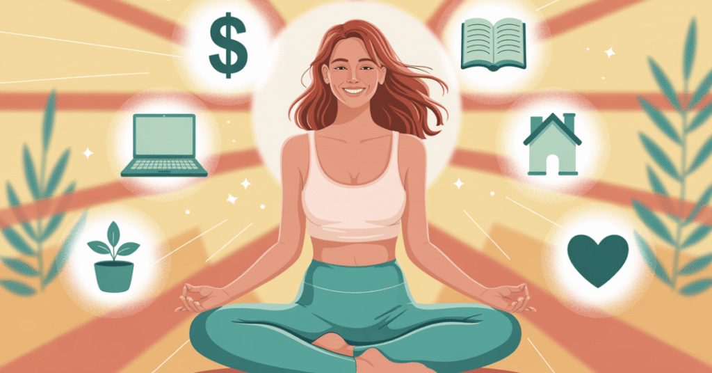 Illustration of a smiling yoga teacher surrounded by icons for money, laptop, book, home, and heart