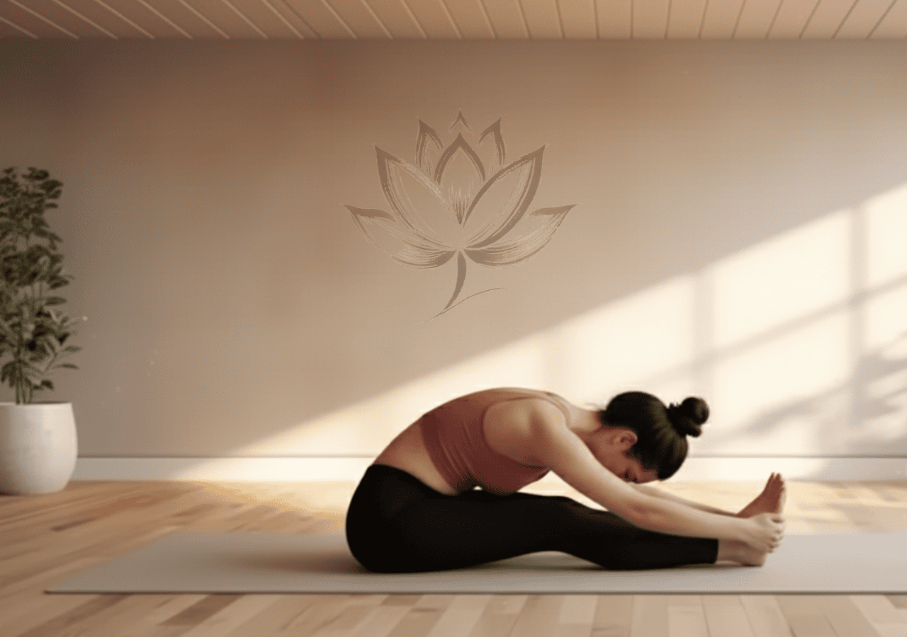 Woman practicing yoga forward fold on mat in a softly lit studio with lotus mural.