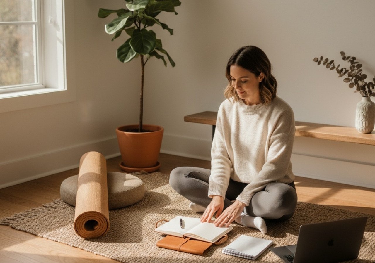 Yoga teacher sitting cross-legged with a notebook, yoga mat, and laptop, planning her classes and income streams.