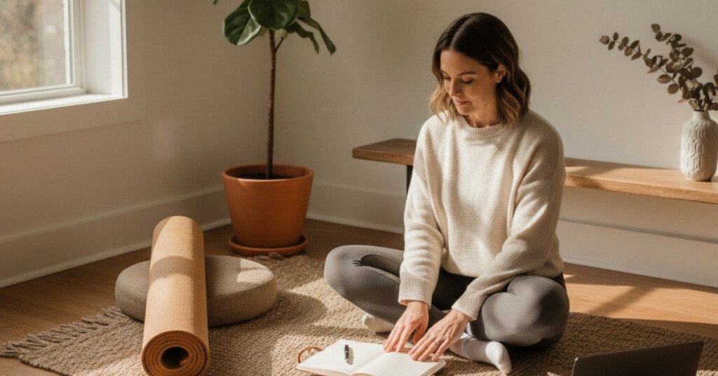 Yoga teacher sitting cross-legged with a notebook, yoga mat, and laptop, planning her classes and income streams.