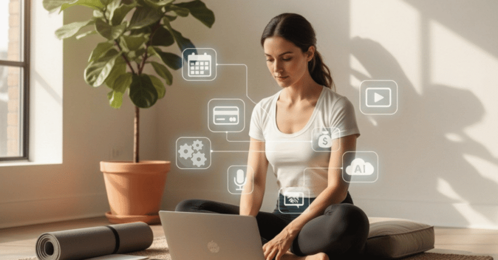 Yoga teacher using laptop with digital icons for booking, video, and AI tools