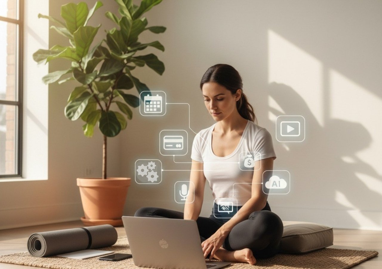 Yoga teacher using laptop with digital icons for booking, video, and AI tools