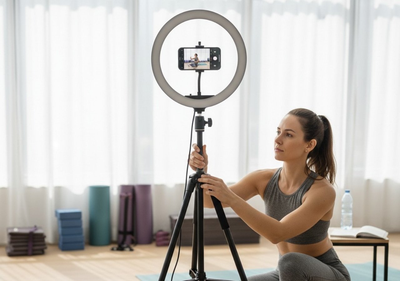 Yoga teacher setting up tripod and ring light with iPhone to film class