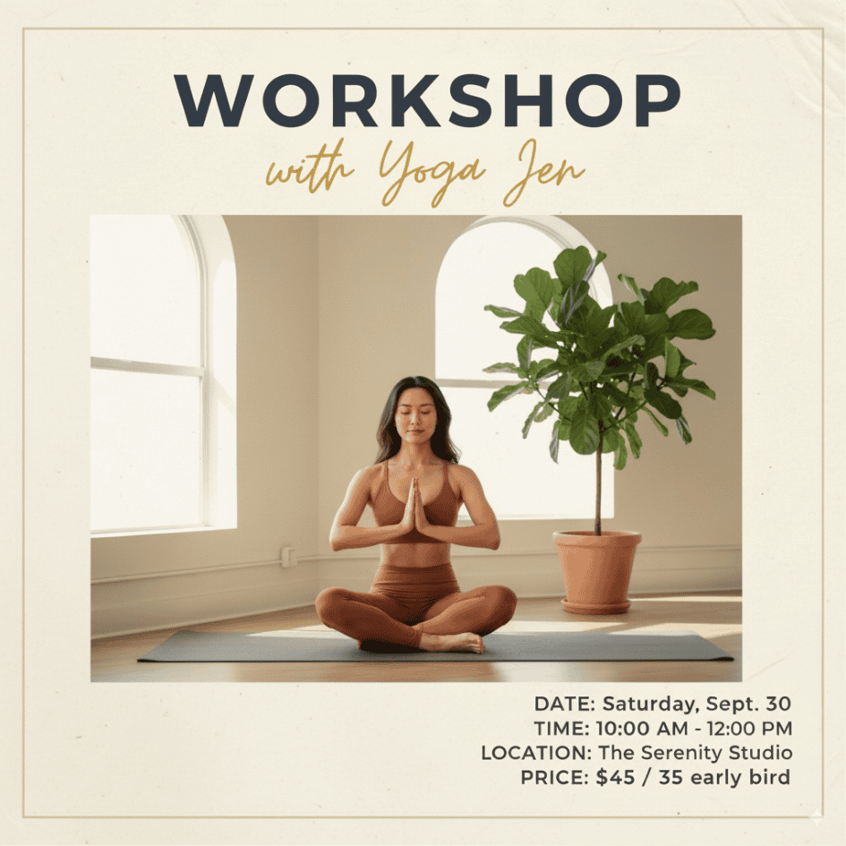 Yoga teacher workshop flyer with student meditating indoors