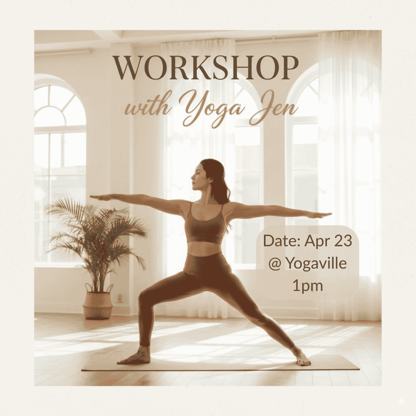 Yoga teacher leading a workshop in warrior pose inside a bright studio
