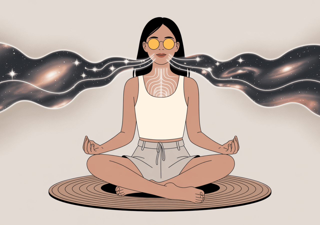 Illustration of woman in meditation with cosmic breath flowing to show pranayama for anxiety