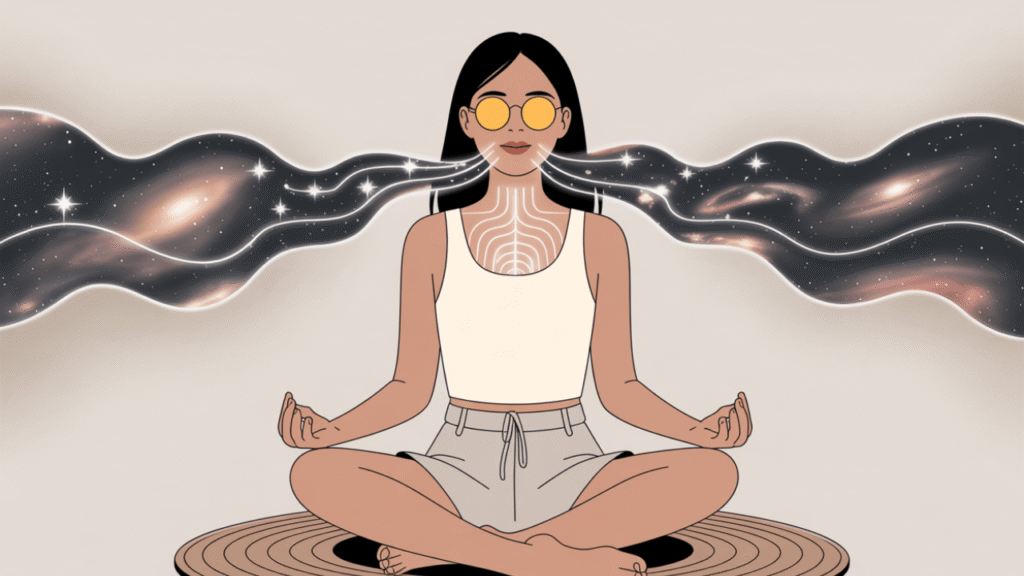 Illustration of woman in meditation with cosmic breath flowing to show pranayama for anxiety