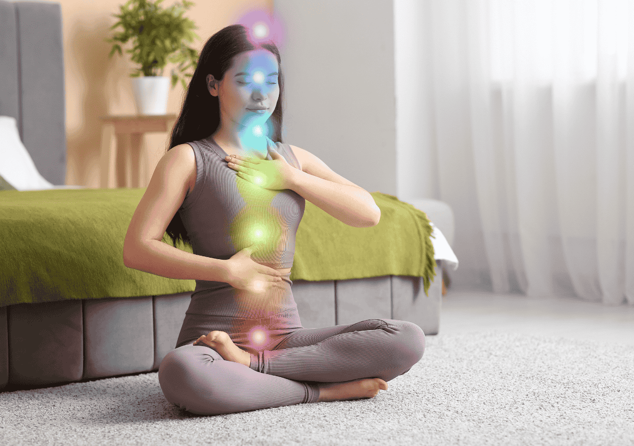 Woman practicing diaphragmatic breathing with hands on chest and abdomen for anxiety relief
