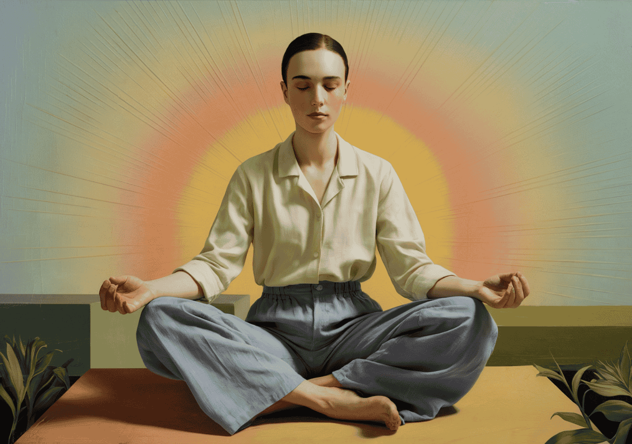 illustration of person sitting cross-legged with eyes closed and hands resting on knees against sunrise background